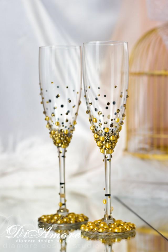 Personalized Champagne Glasses, Gold Wedding Glasses Mr And Mrs Glasses