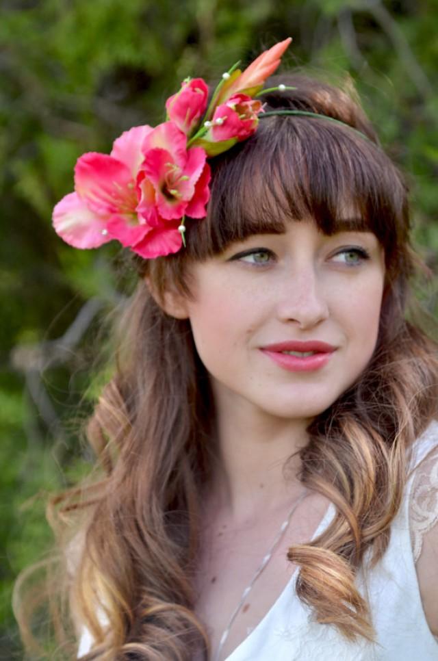 Floral Crown Wedding Flower Crown Coral Gladiolus Hair Asymmetric