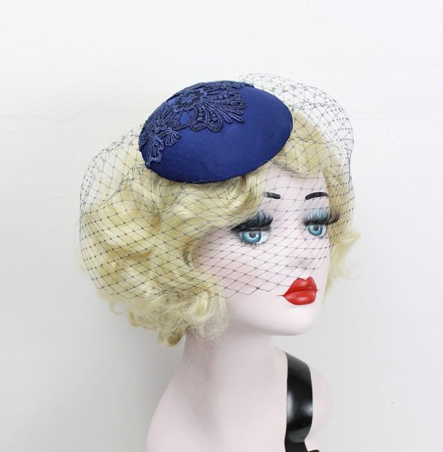 Navy Blue Birdcage Veil, Cocktail Hat, Silk Fascinator, Lace, Bridal