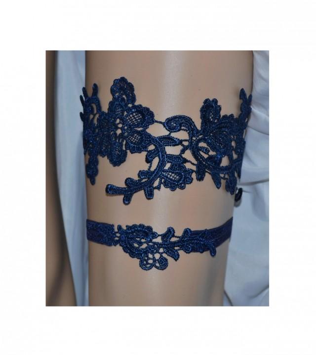 Navy Blue Lace Wedding Garter Set, Something Blue Bridal Garter Set