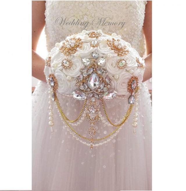 Rose Gold BROOCH BOUQUET. Gold Vintage Jeweled Pearl Cascading Ivory