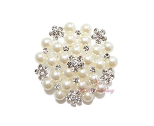 5x Bridal Brooch, Silver Plated Ivory Pearl Clear Rhinestone Crystal