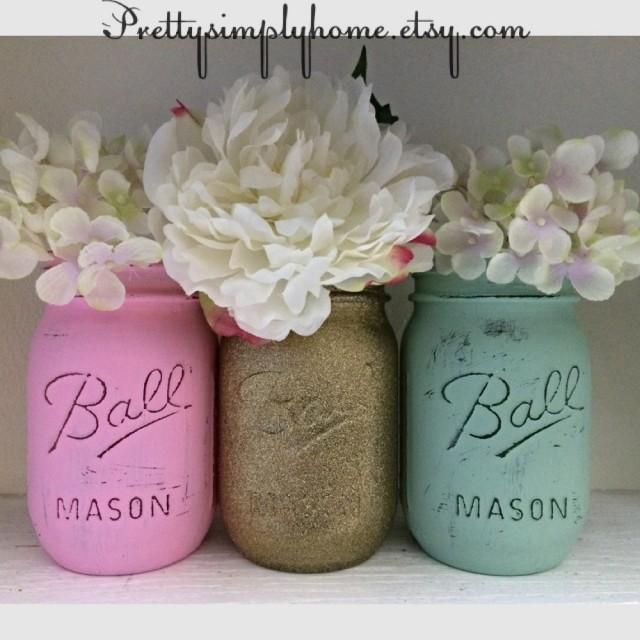 Glitter Mason Jar Set, Wedding Centerpieces, Shower Centerpieces, Gold