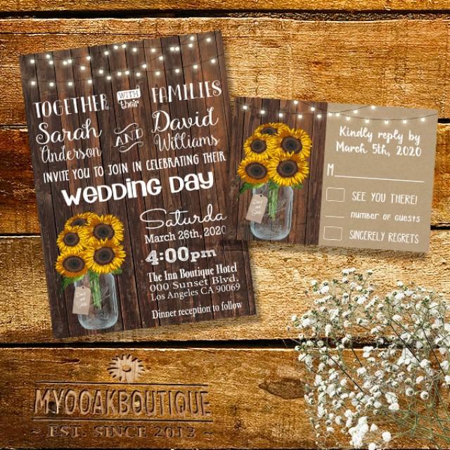 Country Wedding Invitation Rustic Chic Mason Jar Wood Sunflowers
