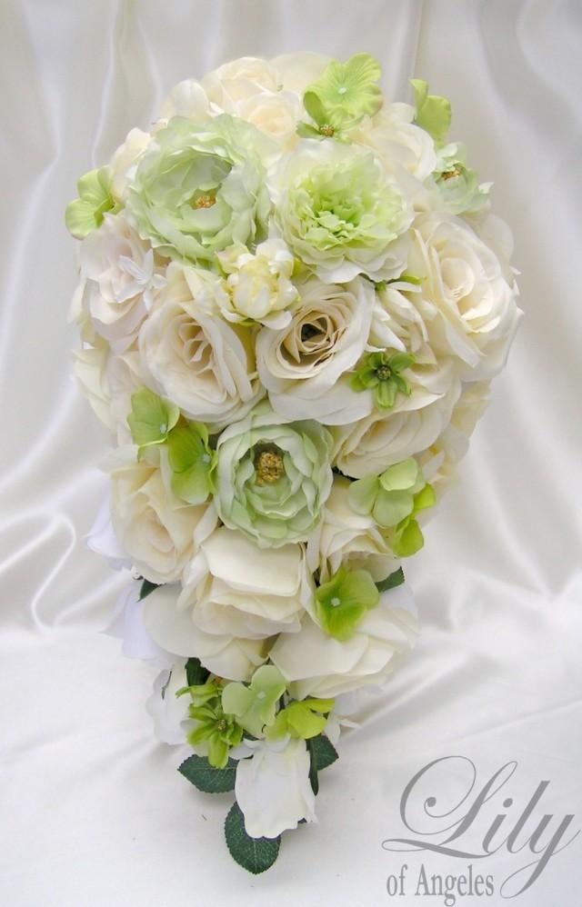 17 Pieces Package Silk Flower Wedding Decoration Bridal Cascade Bouquet 