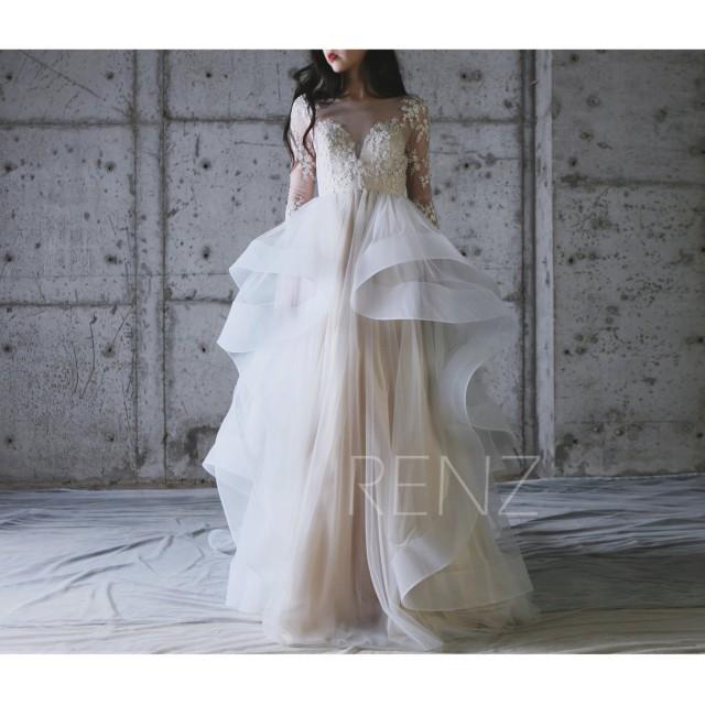 2017 Off White Mesh Wedding Dress With Long Sleeves Ruffle Draped
