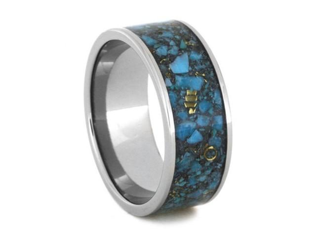 14k Yellow Gold And Crushed Turquoise Wedding Band, Unique Titanium Ring, Mens Turquoise Ring ...