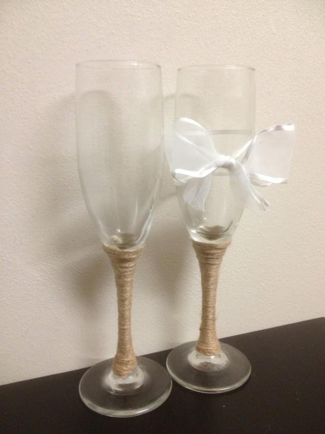 Wedding Champagne Toast Glasses With White Bow And Twine Wrapping