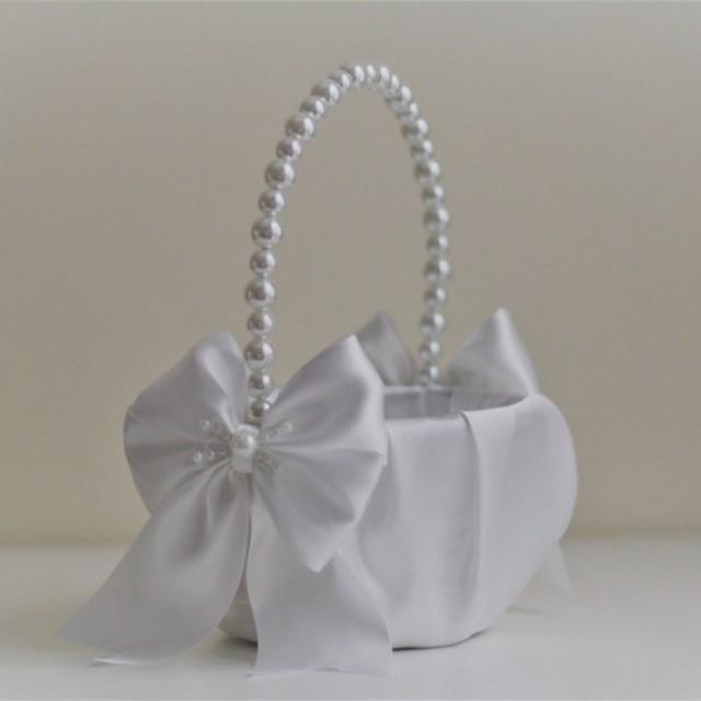 White Pearl Flower Girl Basket White Wedding Baskets With Pearl Handle