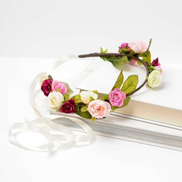 Rustic Rose Flower Crown, Woodland Nymph Circlet, Wedding Flower Halo