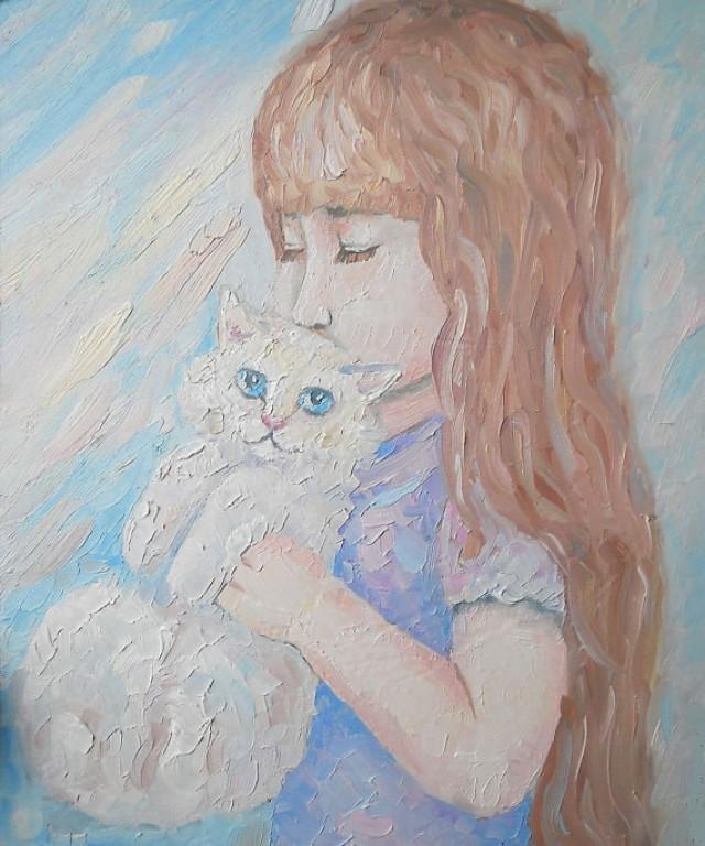 Oil Pastel Painting Girl Child Room Decor For Nursery Cat Kitty Pet