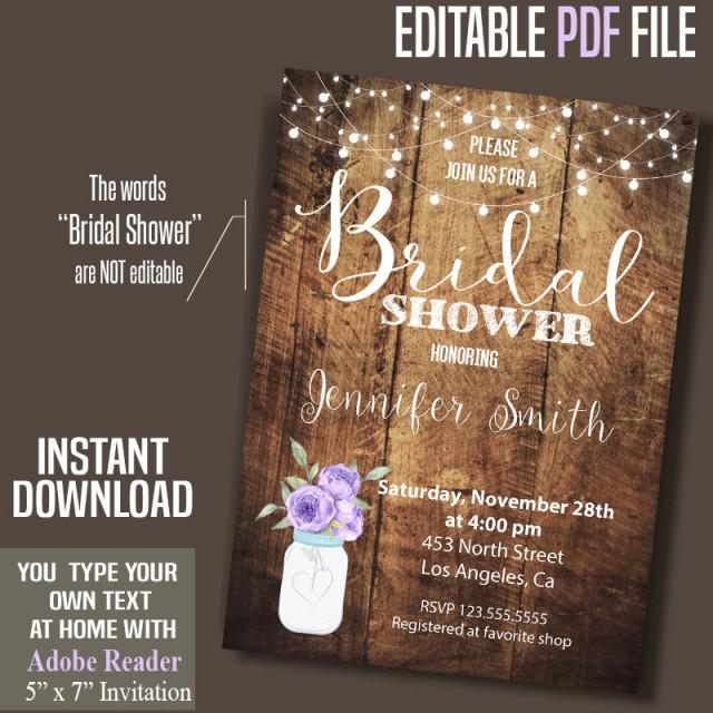 Bridal Shower Invitation, Purple Flowers Mason Jar, Rustic ...
