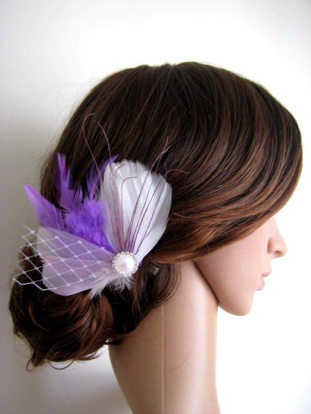 Wedding Bridal White Purple Lilac Feather Pearl Rhinestone Jewel