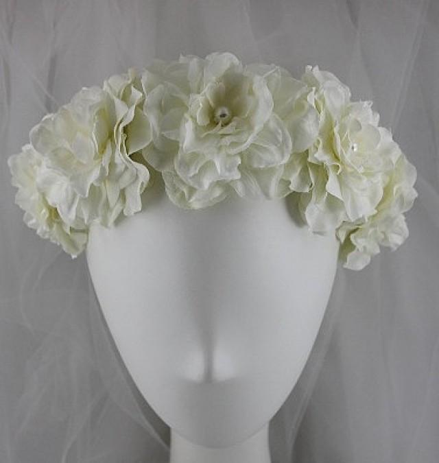 Ivory Bridal Flower Crown With Pearls, Ivory Flower Girl Flower Crown
