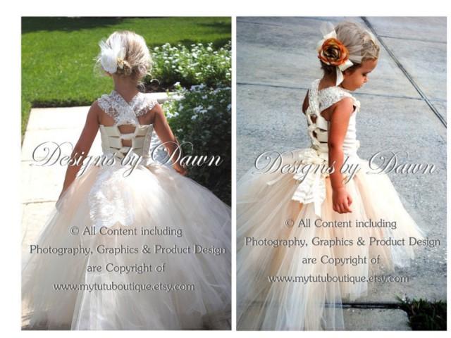 Champagne Ivory Flower Girl Dress Lace Overlay Dress Mini