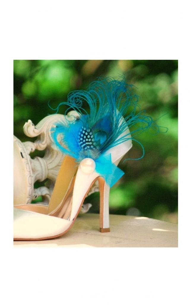 Something Blue Shoe Clips Turquoise Peacock Feather Ivory Pearl