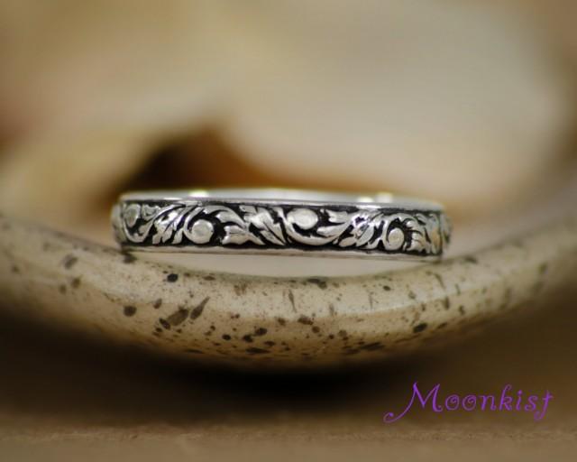 Sterling Silver Tendril And Vine Wedding Band Narrow Floral Pattern