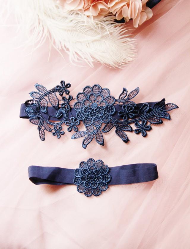 Bridal Garter Wedding Garter Set Something Blue Garter Navy Blue