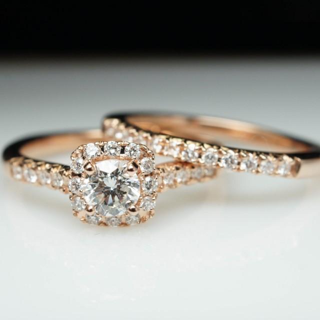 Rose Gold Engagement Ring & Matching Wedding Band Solitaire Diamond Halo Bridal Set Natural