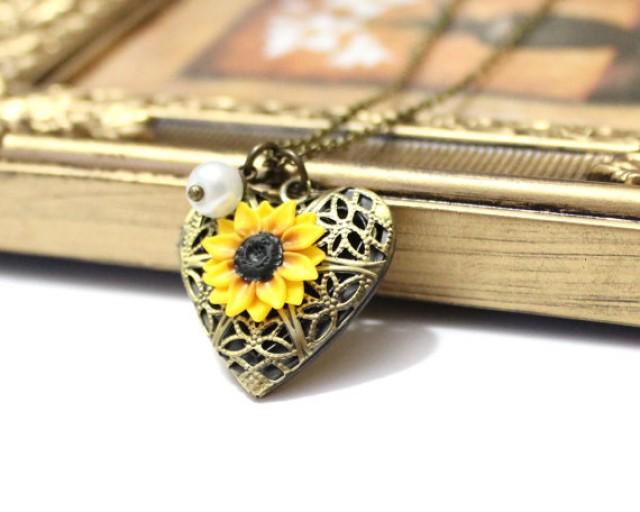 Sunflower Heart Locket Necklace, Gold Sunflower, Locket Wedding Bride, Bridesmaid Necklace