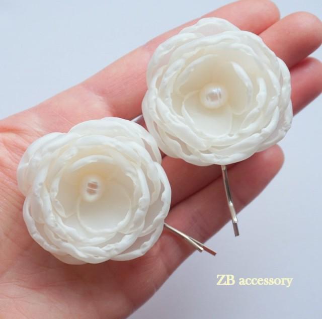 Ivory Bridal Fabric Flowers With Fresh Water Pearls Ivory Hair