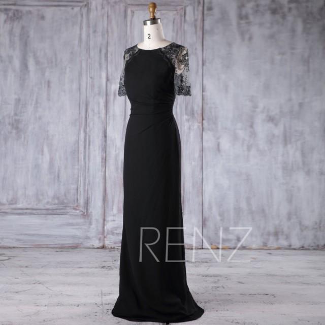 2017 Black Chiffon Bridesmaid Dress Slim, Lace Short Sleeves Wedding