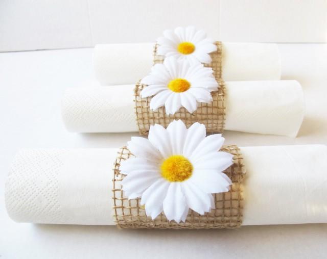 15 Napkin Rings White Daisies Brown Burlap Wedding Party Daisy Napkins Ring Wedding Table Decor
