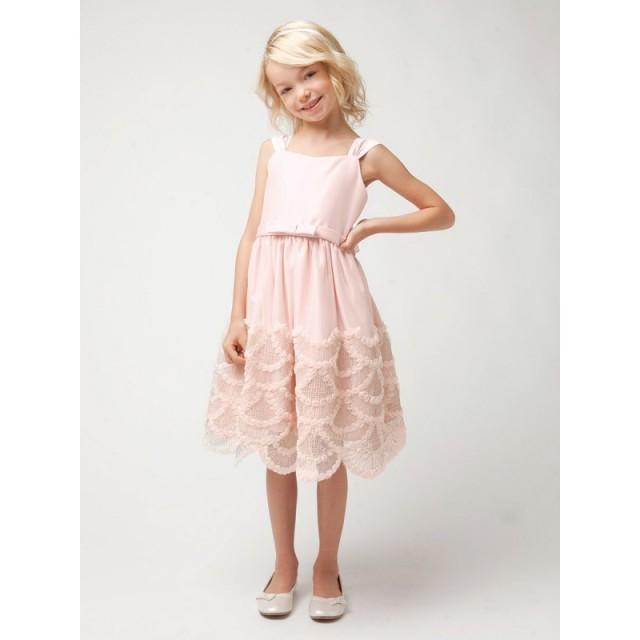 Petal Pink Dress W/ Rosette & Cord Embroidered Scallop Skirt Style