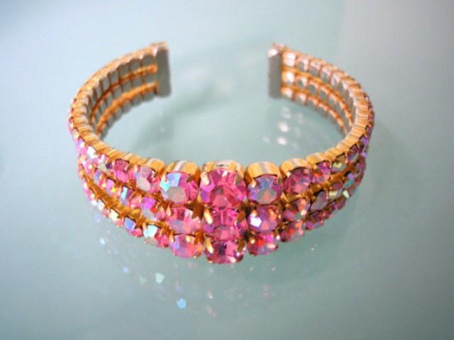 Aurora Borealis & Pink Rhinestone Tennis Bracelet with Gold Tone Inline Hearts Vintage Sweet and Petite Jewelry