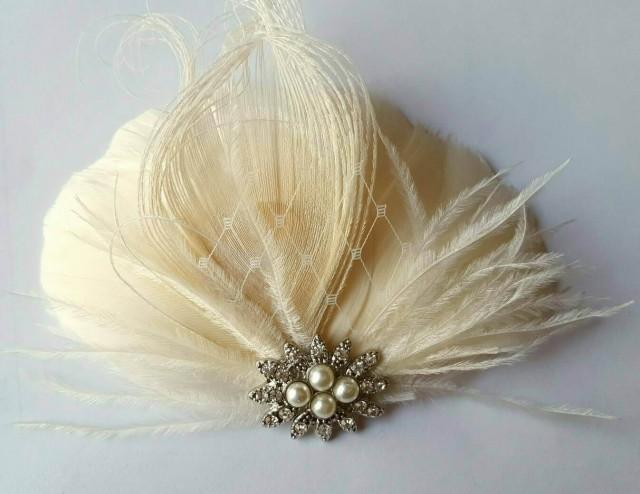 Wedding Hair Facsinator Bridal Facsinator Feather Fascinator French Net Rhinestones Pearls 5049