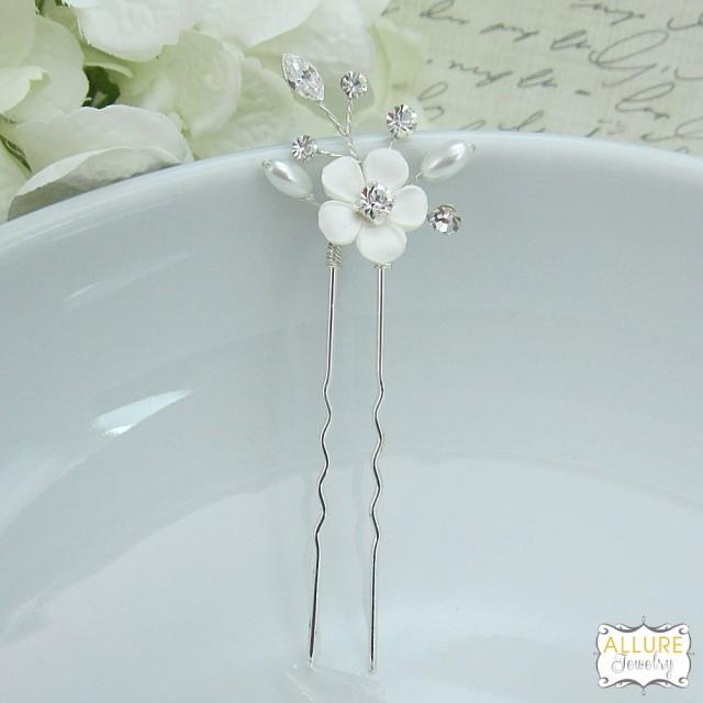 Crystal Clay Flower Rhinestone Wedding Hair Pin Pearl Bridal Hair