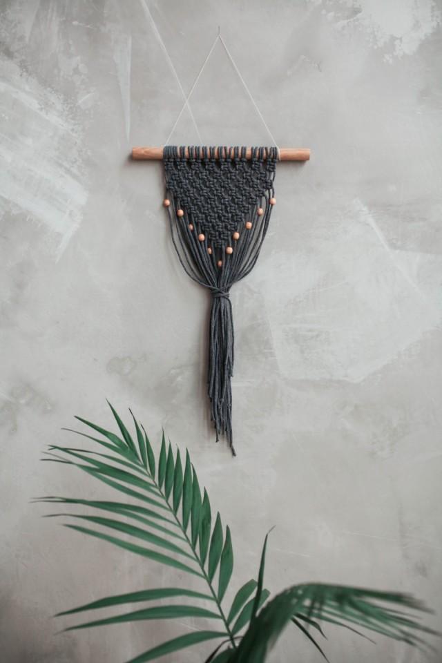 Macrame Wall Hanging On An Oak Stick. Dark Grey Color ...