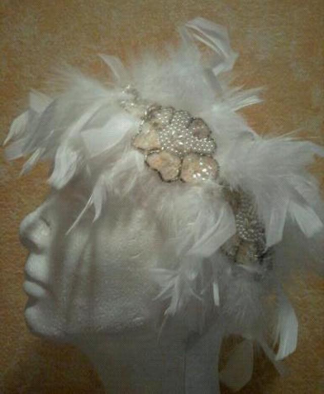 Layaway Available / White Ostrich Feather Beaded Bridal Headpiece (Free Veil Or Bracelet With