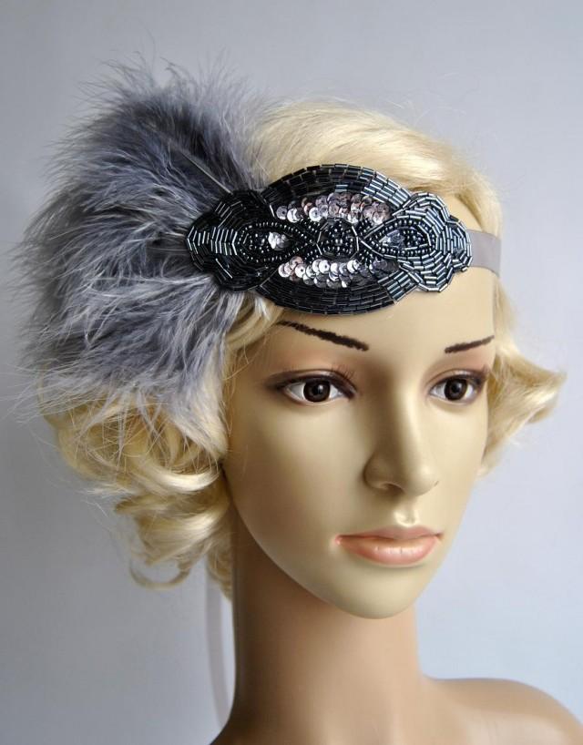 Silver Gray Beaded Flapper Gatsby Headband,Wedding Headband, Beaded Feathers Headband, Crystal