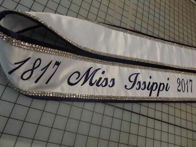 Pageant Sashes Heavyweight White Satin Navy Satin Trim Crystal Rhinestones Front And Back 8131