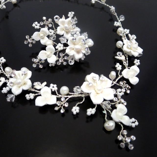 Bridal Flower Necklace And Earrings Wedding Rhinestone Pearl Bridal Flower Necklace And Earrings Wedding Rhinestone Pearl Jewelry Set Swarovski Crystal 2683167
