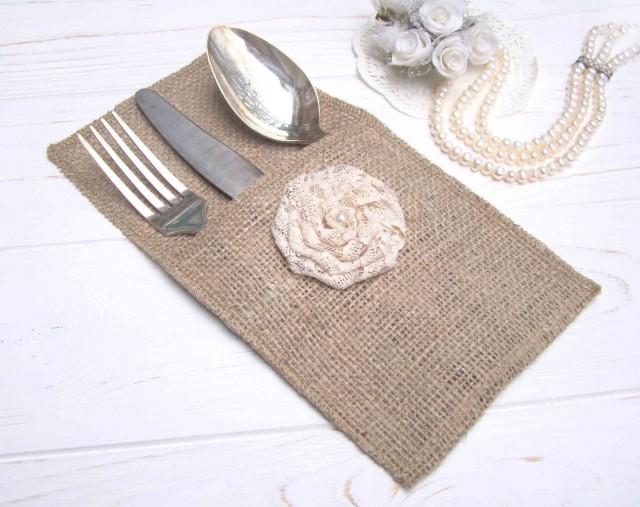Wedding Flatware Set Of 10 Burlap Cutlery Holder Ivory Wedding