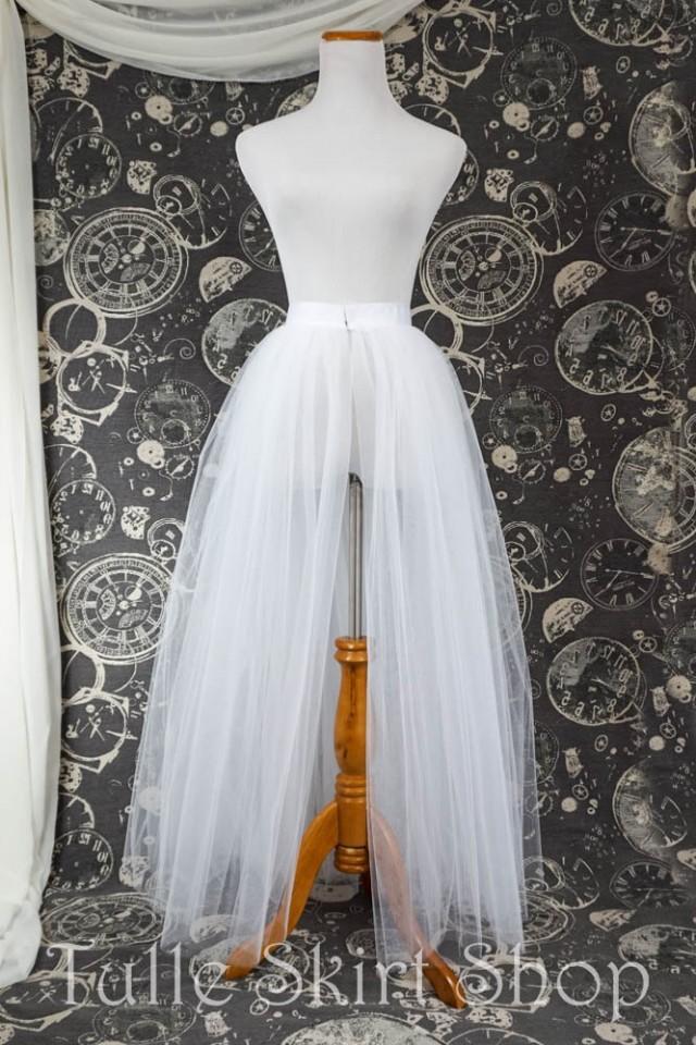 White Tulle Over Skirt With Slit Adult Full Length Tutu Wedding Skirt Overlay With Ribbon 6810