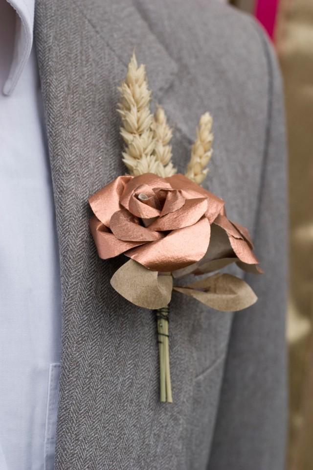 Copper And Wheat Buttonhole / Paper Boutonniere / Mens Buttonholes