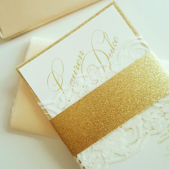 Gold Glitter And Lace Wedding Invitations, Lace Wedding Invitations, Gold Glitter Invites Gold