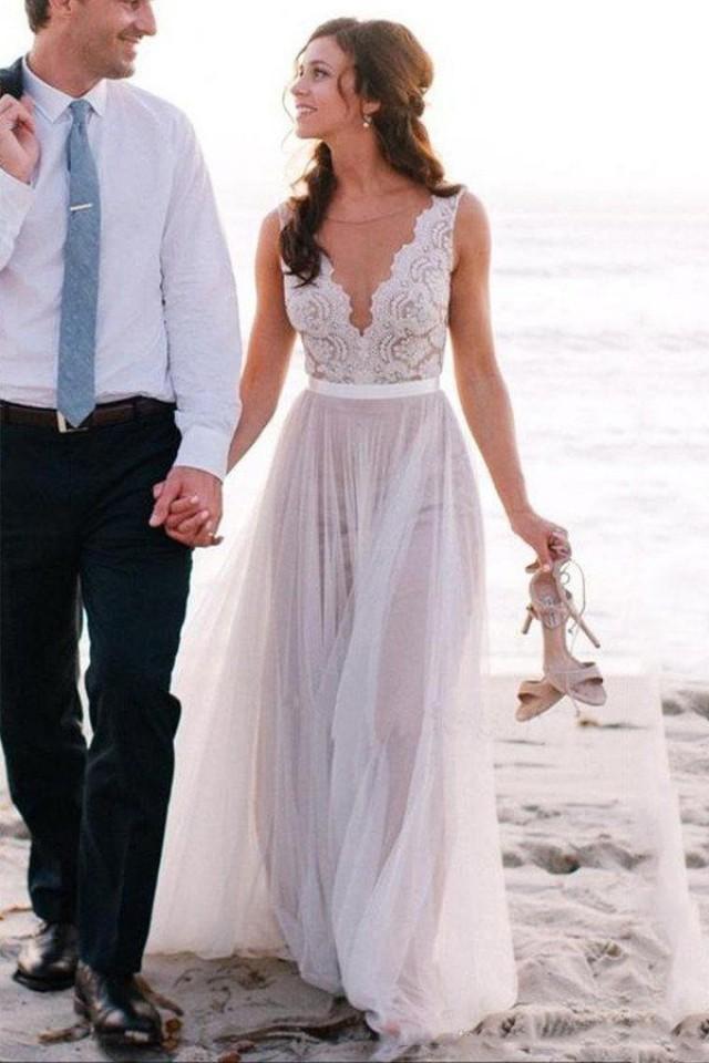 Deep V Neckline Lace Beach Wedding Dresses Sexy Long Custom Wedding