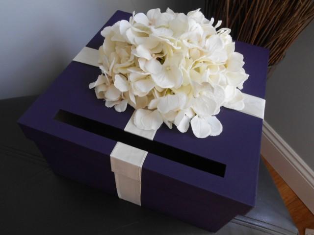 Custom Wedding Card Box Dark Purple With Ivory Hydrangeas Wedding