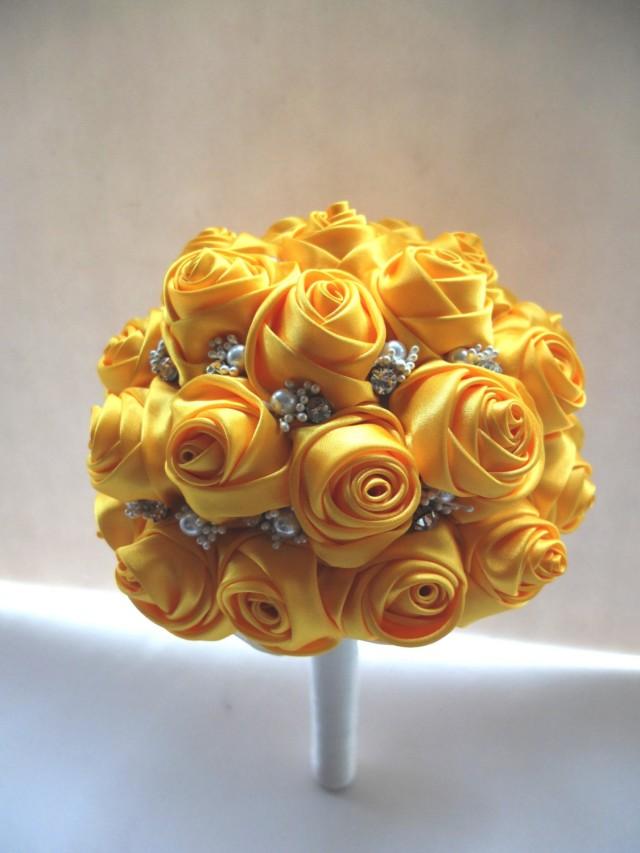 Handmade Satin Rose Bouquet All Yellow Satin Rose Accented With 