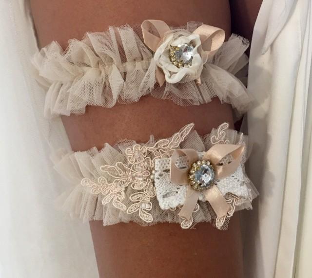 Lavish Champagne Tulle And Lace Wedding Garter Belt Set Rustic Vintage Wedding Accessory 2687569 Weddbook