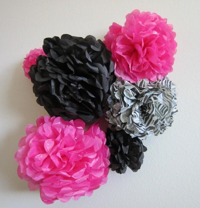 Zebra Tissue Paper Pom Poms, Bachlorette, Party, Showers... Set Of 6