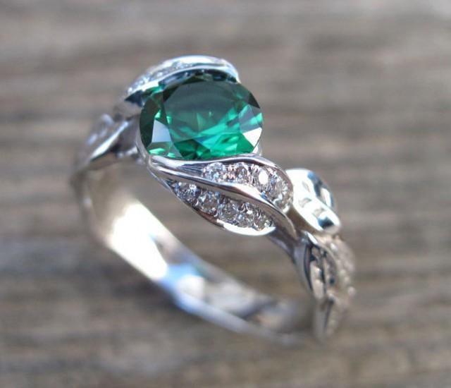 Gold Leaf Ring, Emerald Leaf Engagement Ring, Emerald Engagement Ring