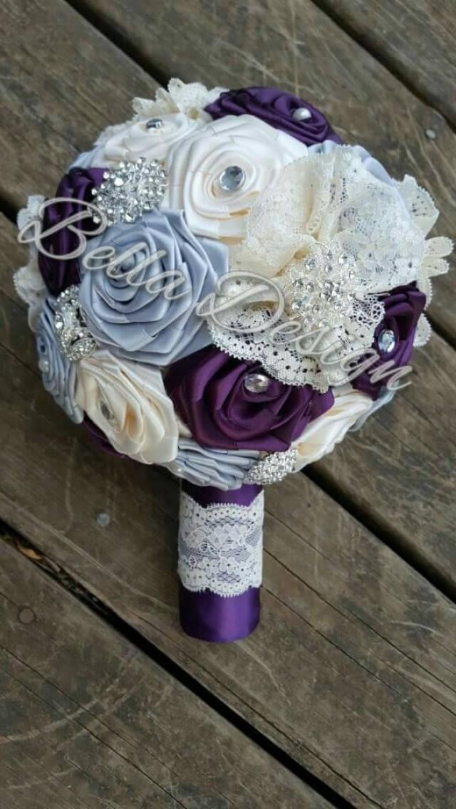 Plum Ivory And Grey Ribbon Rose Bridal Bouquet Set With Lace Rhinestones And Pearls 2690212 1903