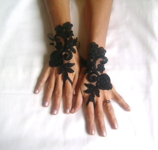 Rose Goth Gothic Lace Black Wedding Gloves Bridal Gloves Fingerless