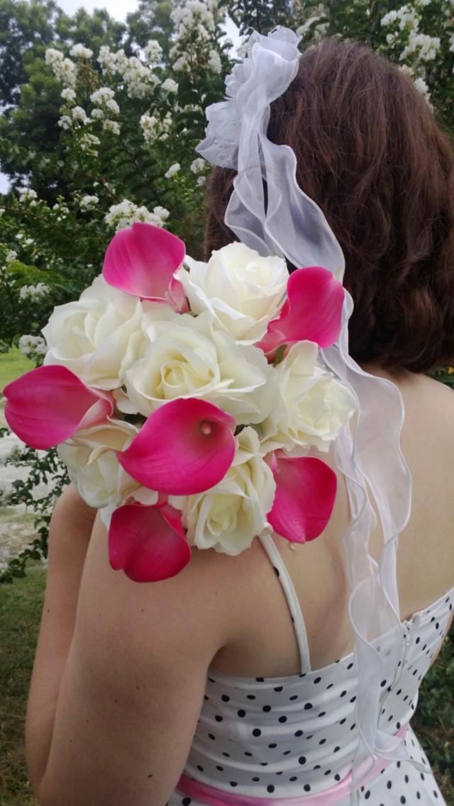 Real Touch Hot Pink Calla Lily Ivory Rose Wedding Bouquet, Hot Pink