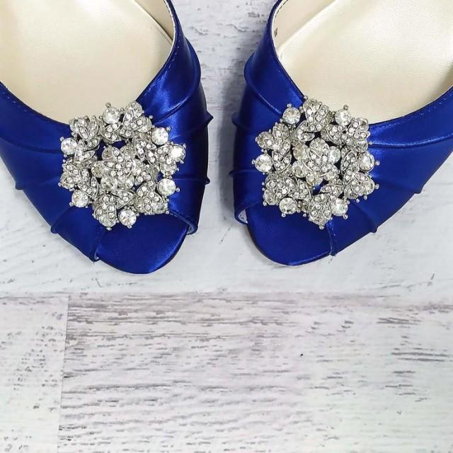 Royal Blue Kitten Heel Peep Toe Wedding Shoes With Classic Cluster